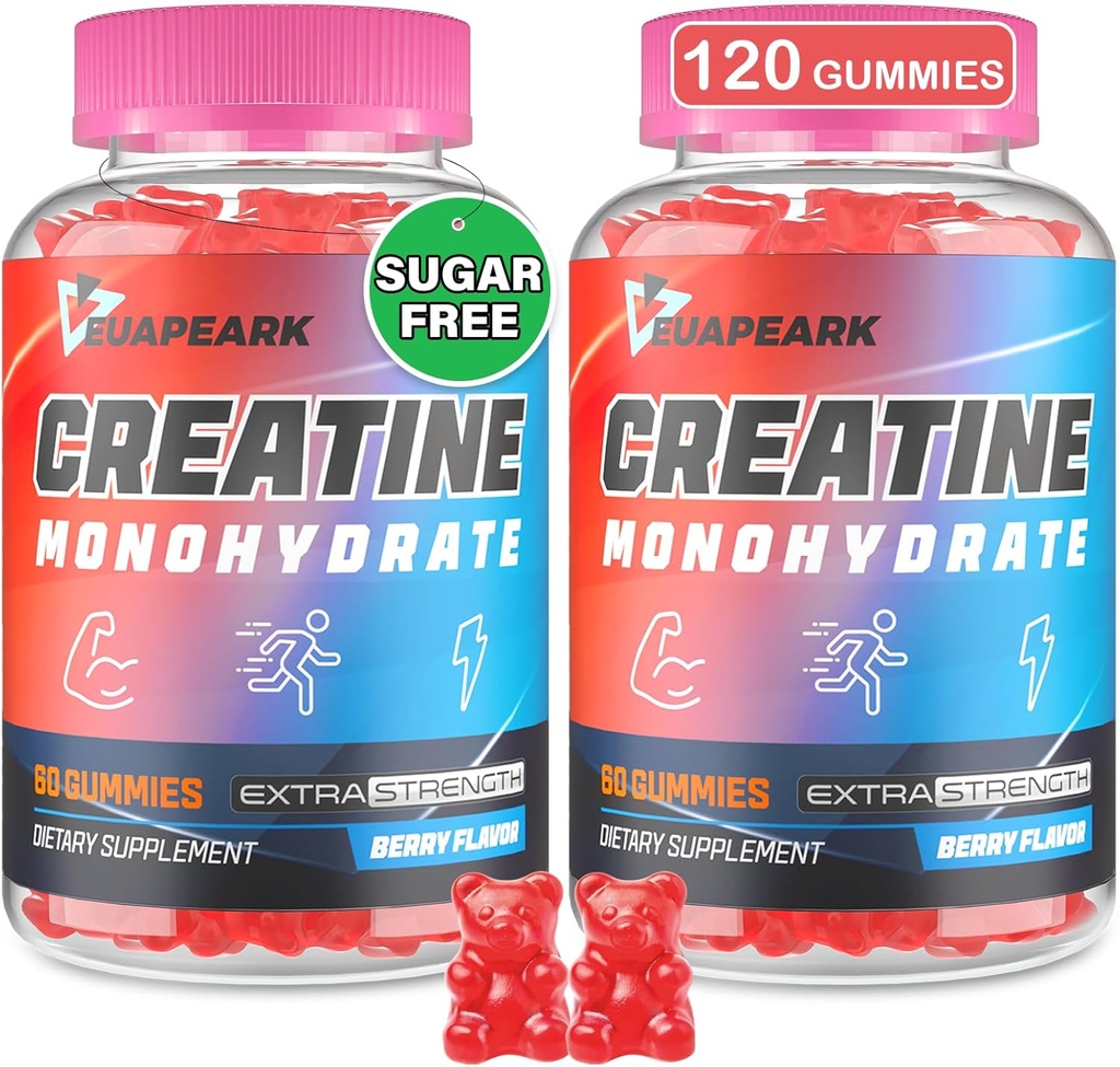 Creatine monohydrat Gummies, Pre- workout Chewables Supplement for kvinder og mænd, Creatine monohydrat med Taurine & B6 - for muskel, styrke, Endurance & Energy, Vegan (Berry, 120 Gummies)