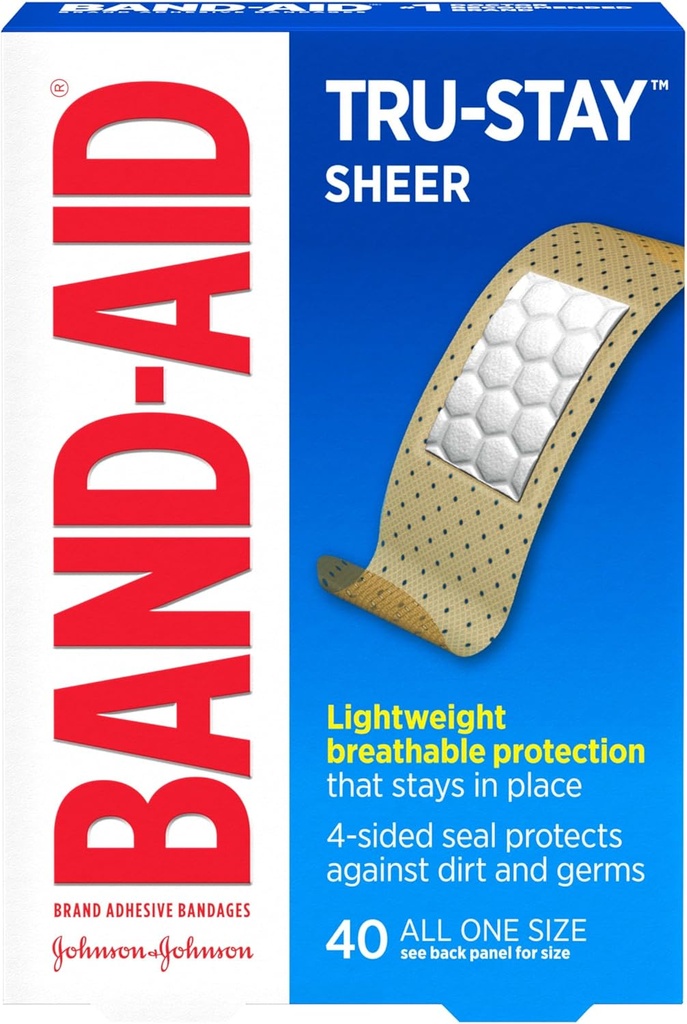 Band- Aid Brand Tru- Stay Sheer Strips Adhesive Steril Bandages for Førstehjælp & Sårbeskyttelse, Individuelt Indpakket Sårpleje Bandager til Mindre Cuts & Scrapes, Alle One Size, 40 ct