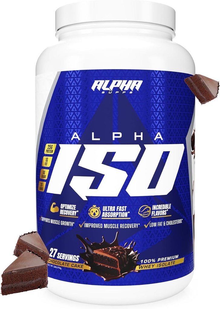 Alpha Supps ISO, Lavcarb 100% Whey Protein Isolate Powder, 25 Bedste Per Servering, Hjælper Support Muskelvækst, Lavsukker og Gluten Free (Chocolate Cake, 2 LB)