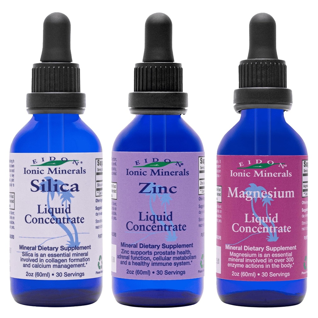 Eidon Ionic Minerals Liquid Silica, Zink, & Magnesium Drops Variety Pack - Silica, Zink, & Magnesium Kosttilskud, All- Natural Trace Minerals, No Preservatives or Additives - 2 oz, Pack of 3