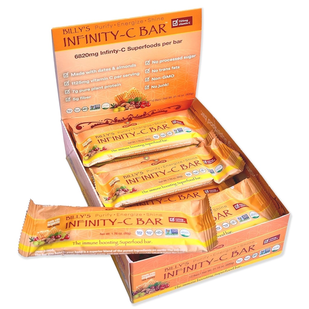 Infinity C Superfood Bars, Sund energi Bars med 1125 mg af Hel Food Vitamin C, Immun Boosting Plant baserede ingredienser, Camu Camu, Acerola, Amla Powder, & Shilajit, Raw, Gluten Free, Non GMO