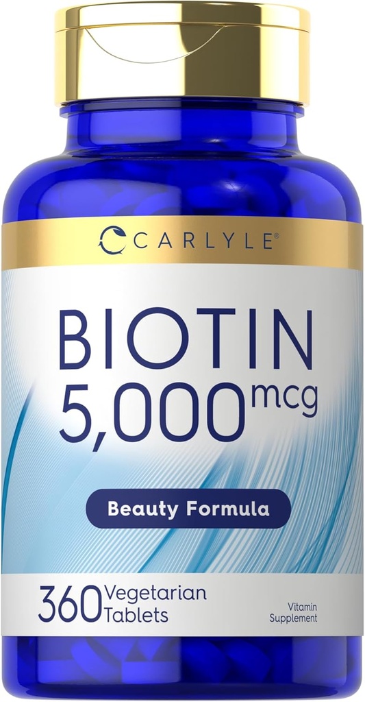 Carlyle Biotin 5000mcg • 124; 360 vegetariske tabletter • 124; Beauty Formel Supplement • 124; Non- GMO, Gluten Free