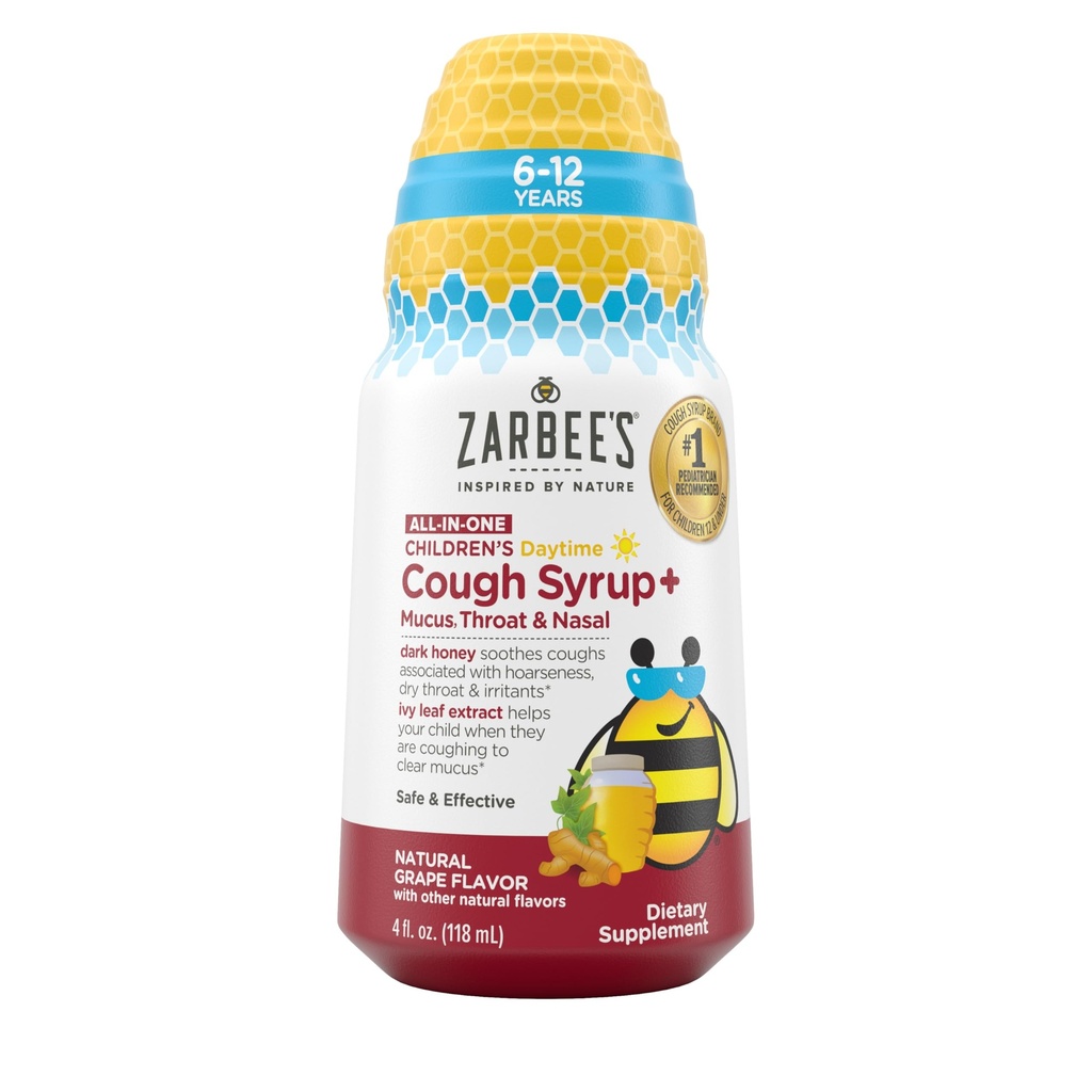 Zarbee 's Children' s Daytime All- in- One Honey Hough Syrup + Mucus, Throat & Nasal for Kids 6- 12 + Dark Honey, Ivy Leaf Extract, Zink Gurkemeje Root, & B- Vitaminer, Drug- Free, Grape, 4 fl oz