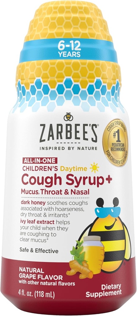 Zarbee 's Children' s Daytime All- in- One Honey Hough Syrup + Mucus, Throat & Nasal for Kids 6- 12 + Dark Honey, Ivy Leaf Extract, Zink Gurkemeje Root, & B- Vitaminer, Drug- Free, Grape, 4 fl oz