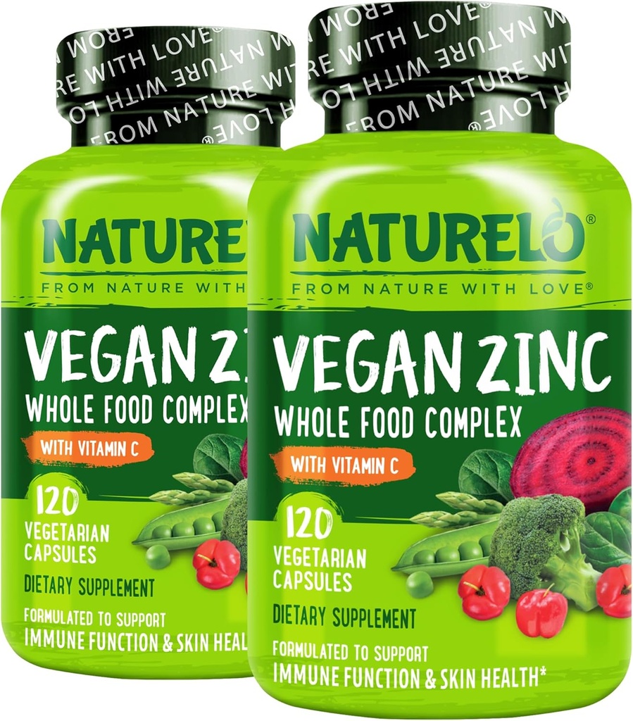 NATURELO Vegansk Zinkimmunsupportkapsler - hel fødevarekompleks med C-vitamin til sund hud, hår og negle - 120 kapsler (pakke med 2)