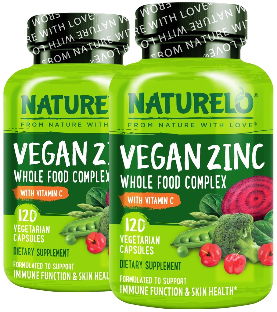 NATURELO Vegansk Zinkimmunsupportkapsler - hel fødevarekompleks med C-vitamin til sund hud, hår og negle - 120 kapsler (pakke med 2)