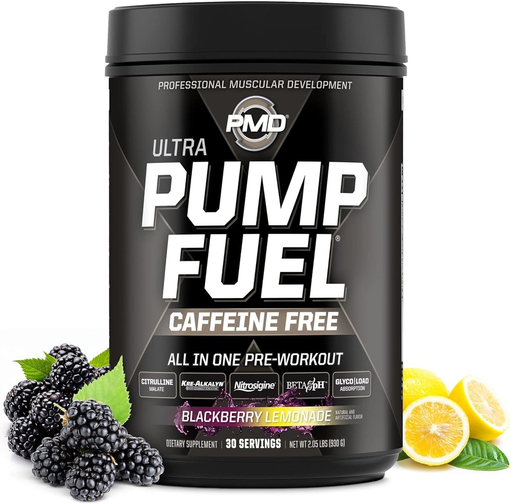 PMD Sports Pump Fuel Ultra Koffein Free - Premium Pre Workout Powder & Muscle Pump, Greater Focus, Endurance & Recovery, Premium Creatin, Arginin & Beta Alanine - BlackBerry Lemonade (30 Servere)