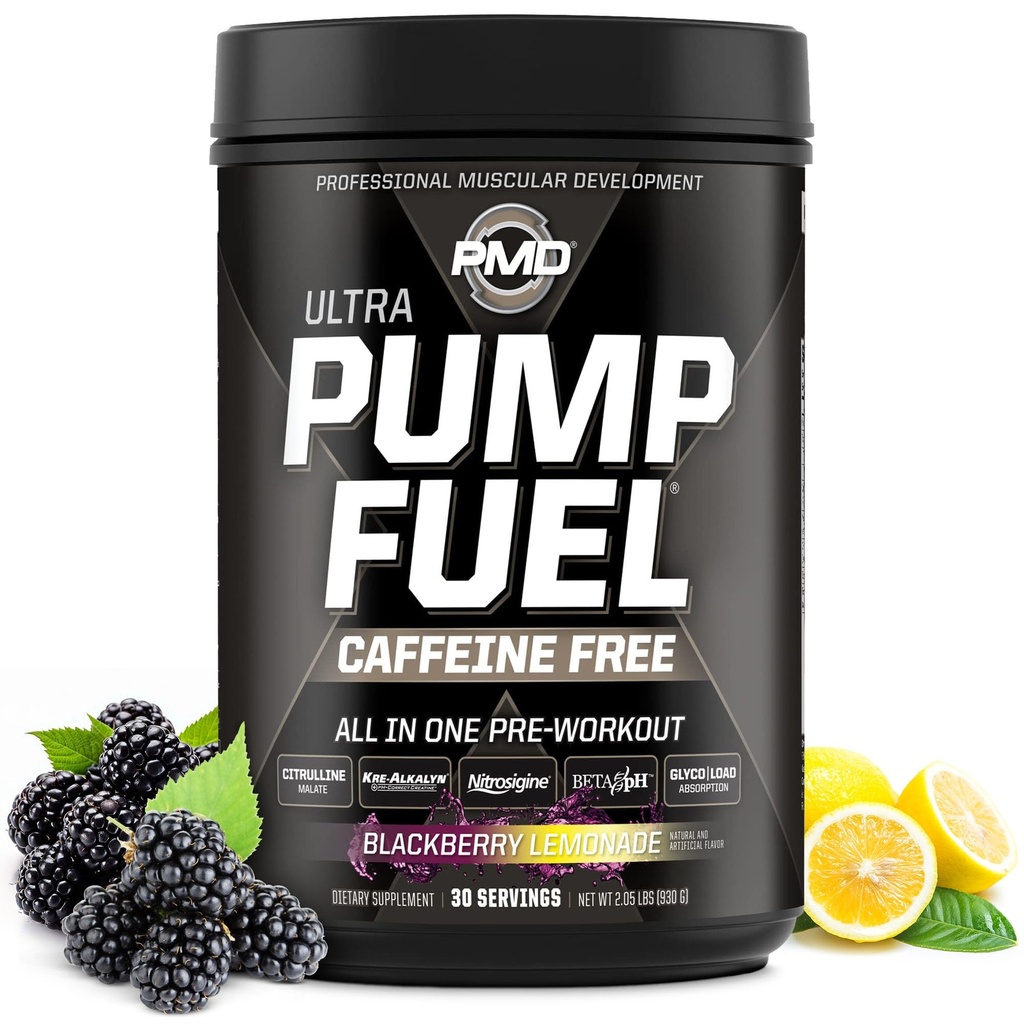 PMD Sports Pump Fuel Ultra Koffein Free - Premium Pre Workout Powder & Muscle Pump, Greater Focus, Endurance & Recovery, Premium Creatin, Arginin & Beta Alanine - BlackBerry Lemonade (30 Servere)