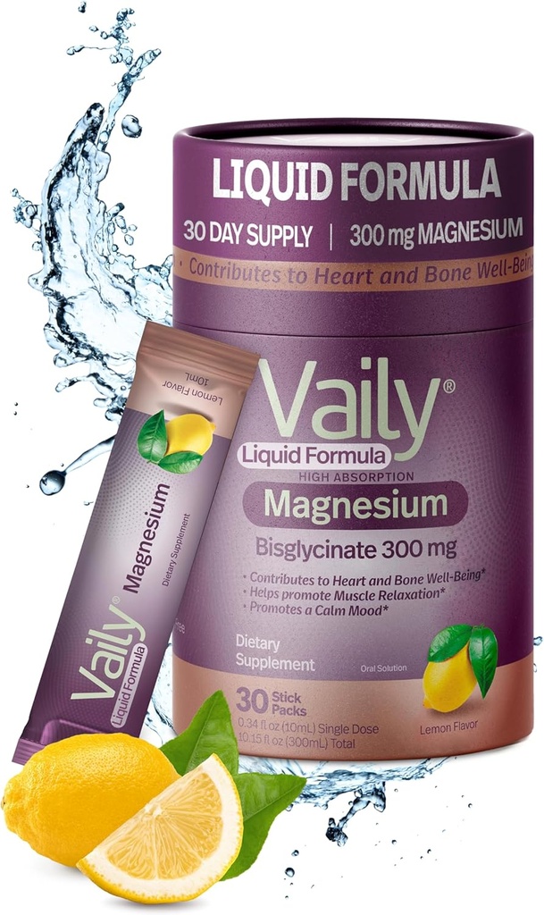 Vatar ® Liquid Magnesium Supplement 300 mg - Forbedret Absorption, Heart & Bone Health - Hjælper rolig søvn - Flydende Magnesium Bisglycinat til voksne - Lemon Flavor, 30PK