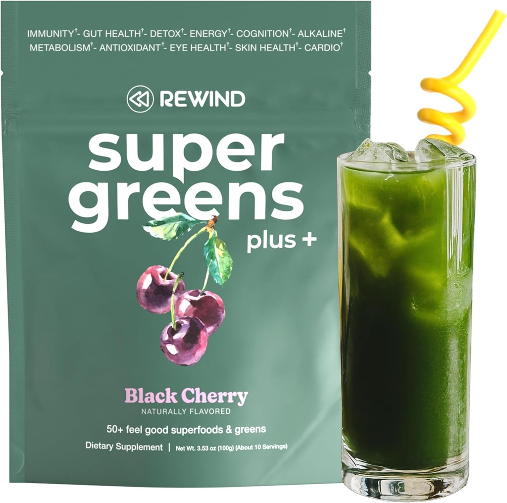 Super Green Powder med 50 + Superfoods - Daglig Grøn Juice til hele familien - Lækker Green Powder Drink Mix - Black Cherry Flavor - 10 Serveringer