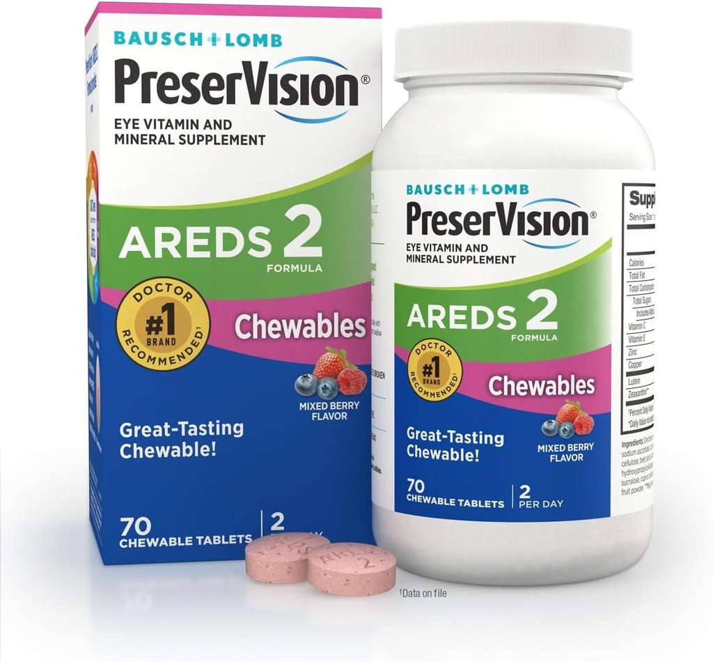 PreserVision AREDS 2 Eye Vitamin, # 1 Eye Doctor Anbefalet Mærke, Chewable Lutein og Zeaxanthin Supplement med C-vitamin, E-vitamin, zink og kobber, blandet berry, 70 tabletter