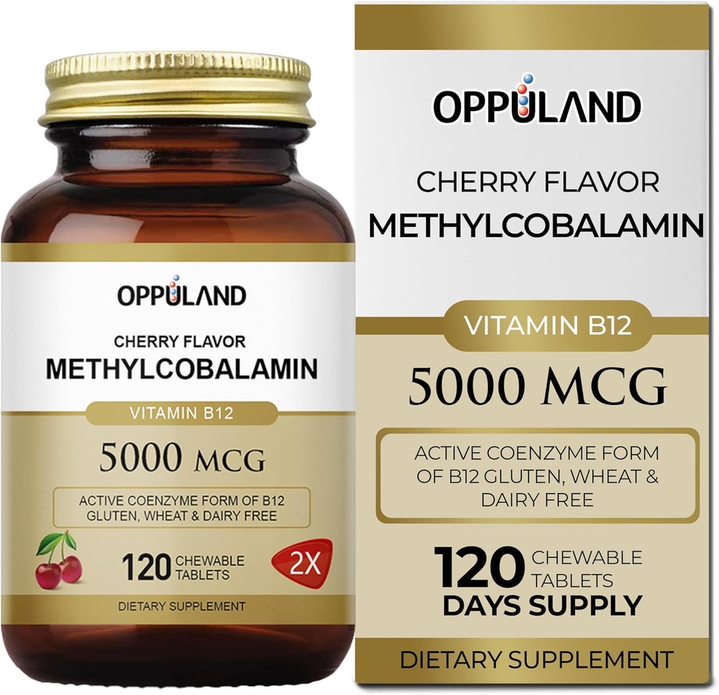 Methyl B- 12 5000mcg Chewable with Folate - Vitamin B12 Methylcobalamin Sublingual Tablets - Understøtter Energy & Brain Function - Vegan Supplement - Cherry Flavor - 120 Greve