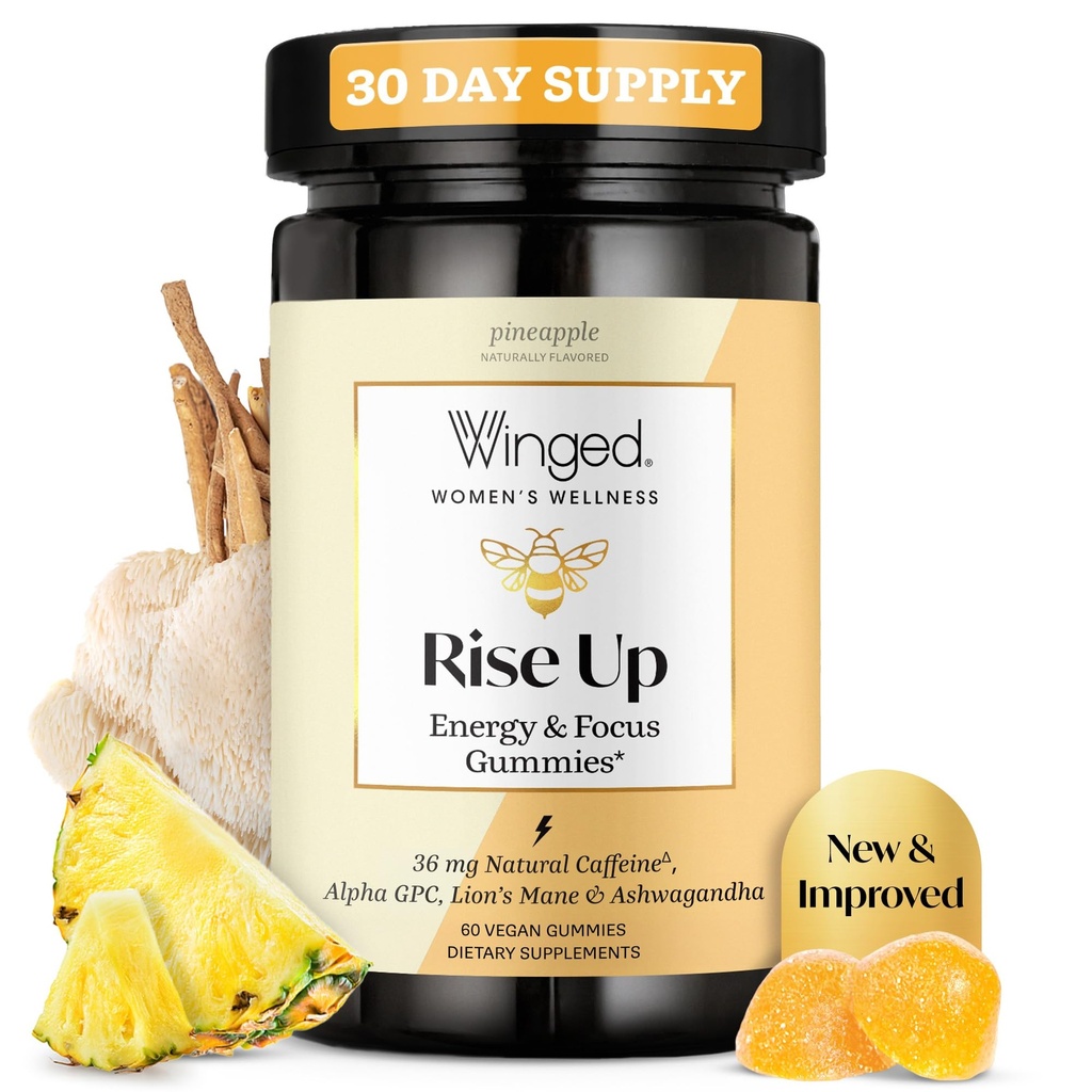 Vinget wellness stige op, Energi & Focus gummies for Women - Daily Brain Boost Gummy Supplement med naturlig koffein, Ashwagandha, B12, Nootropics Alpha- GPC & Lions Mane - Ananas, 60 Gummies