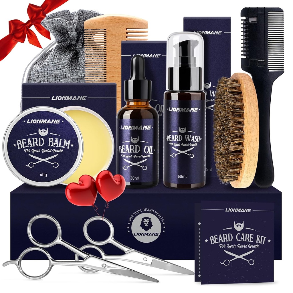 Lionmane Beard Care Julegaver Kit til mænd, Beard Mustache Grooming Kit- Beard Balm, Beard Wash, Beard Oil, Brush, Saks, Fødselsdag Anniversary Thanksgiving Gaver for Mand / Kæreste / far / ham