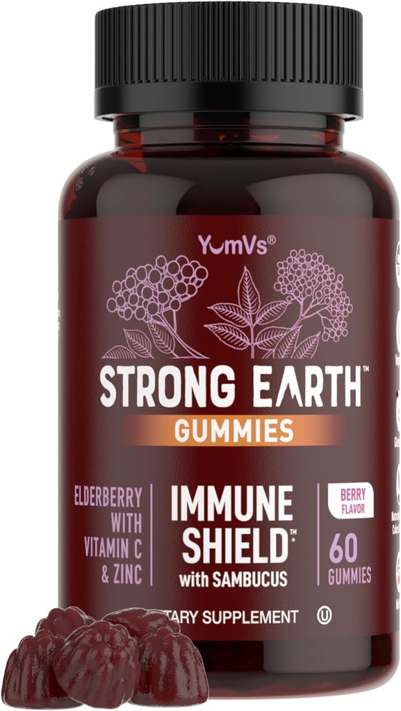 Stærk Earth Elderberry Gummies - Sambucus Elderberry Immunsupport med C-vitamin & Zink - Black Elderberry Gummies, Berry Flavor, Non- GMO, Gluten Free, Kosher - 60 Greve