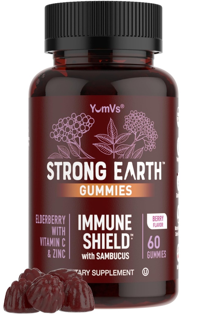 Stærk Earth Elderberry Gummies - Sambucus Elderberry Immunsupport med C-vitamin & Zink - Black Elderberry Gummies, Berry Flavor, Non- GMO, Gluten Free, Kosher - 60 Greve
