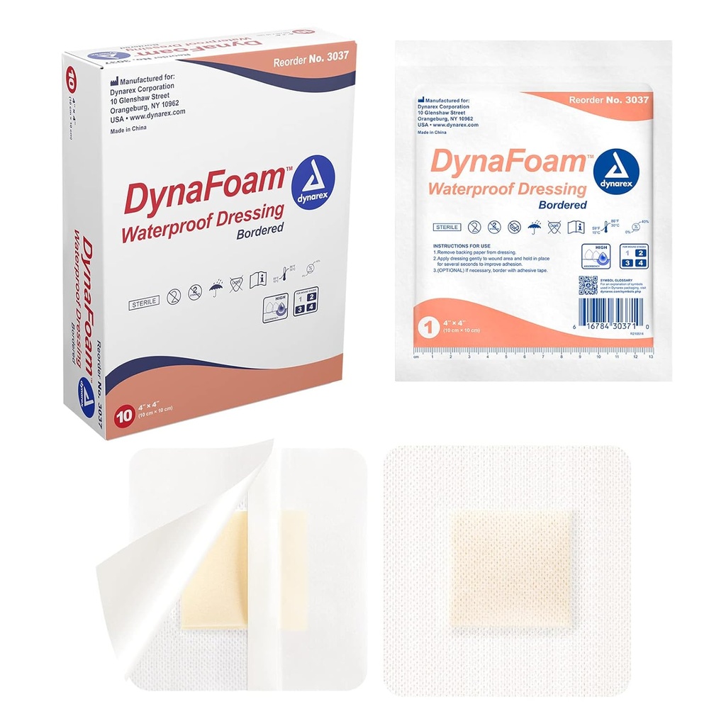 Dynarex Dynafoam Vandtæt Bordered Adhesive Skumsår Klædning Bandage, 4 "x 4", 10 Greve