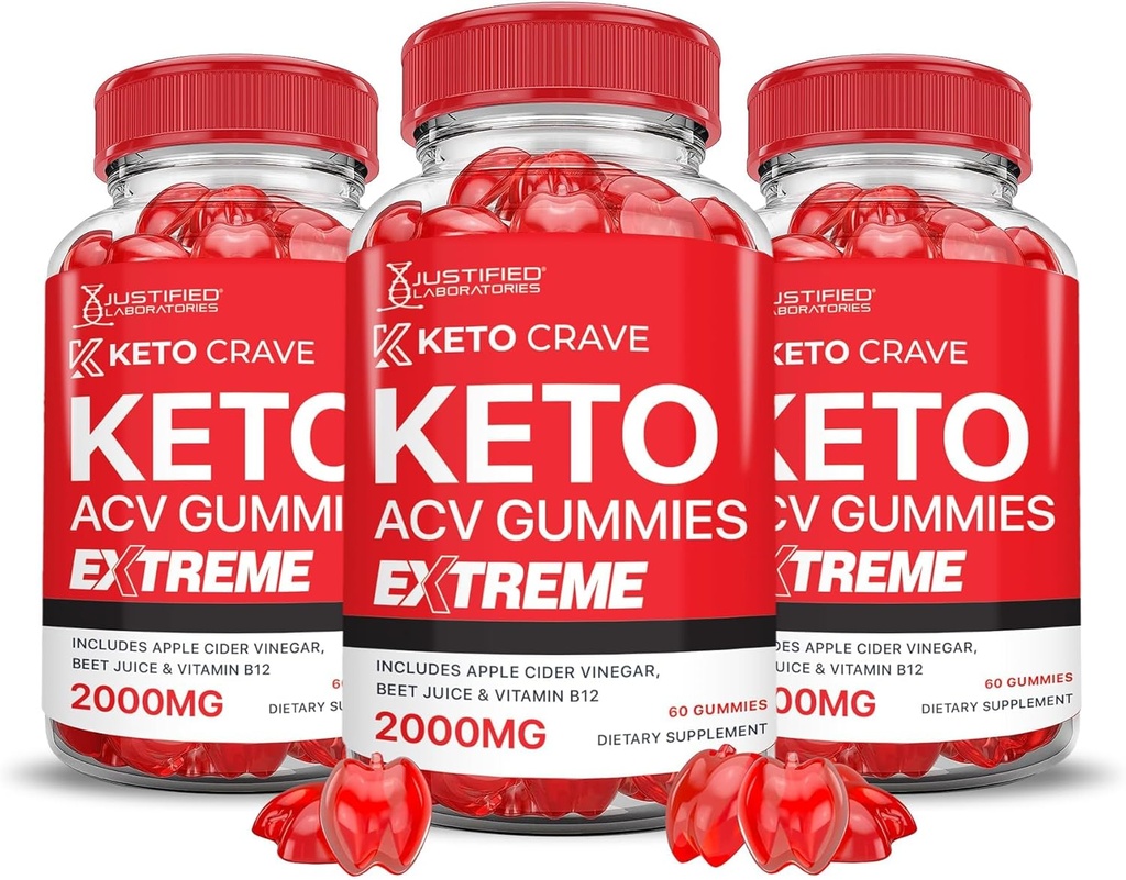 Justified Laboratories (3 Pack Keto Crave Keto ACV Gummies Extreme 2000MG Keto Crave Keto Gummies Advanced Formel Apple Cider Vinagar med Pomegranate Beet Juice Powder B12 Vegan Non GMO 180 Gummys