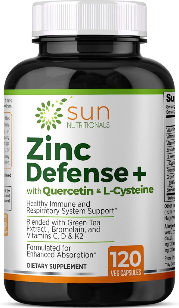 Zink Defense + med Quercetin, Bromelain, L- Cysteine, EGCG (Green Tea Extract), Vitaminer C, D3 & K2, 2 - Måned Supply, 120 Vcaps, Non- GMO, Gluten Free