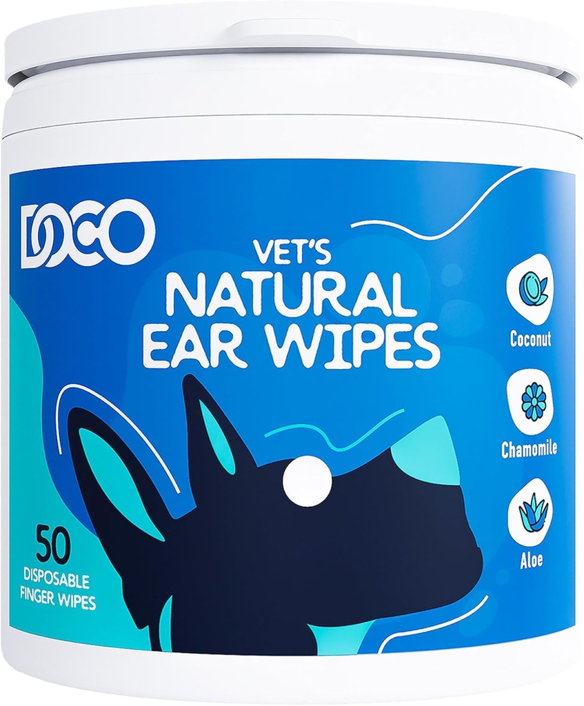 DOCO Hundeøre Rengøringssæt til hunde & katte Eucalyptus, Kamille & Aloe Kat Ear Renere Sodes, Deodorizes & Hjælper Itchy Ører (50 Greve)
