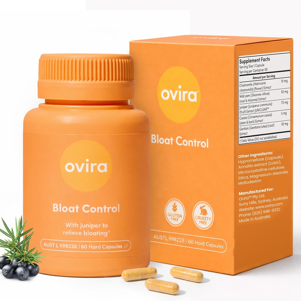 Ovira Bloat Control Supplement med JUNICLEAR - 60 kapsler til gas og Bloating Relief Budd124; Effektiv afblødning for kvinder og mænd Budd124; Hjælper vandretention & fremmer fordøjelsessundhed - pakke med 1