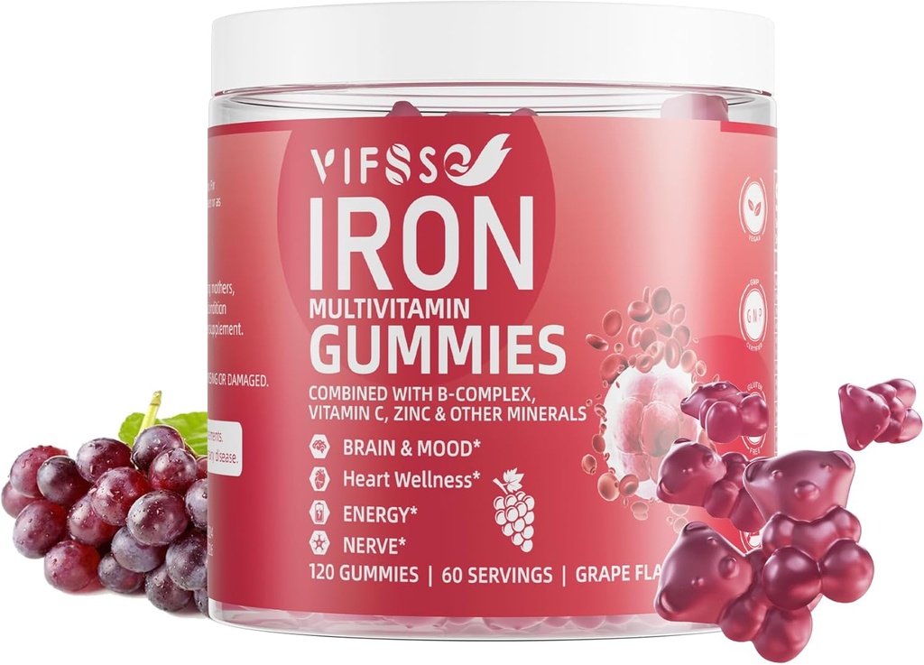 Iron Gummies Sugar Free, 120 Gummies Iron Supplement for Women Multivitamin with Iron, Vitamins & Zinc for Women, Men & Kids- Grape Flavor, Vegan Supplement, Folate for Energy- No After Taste