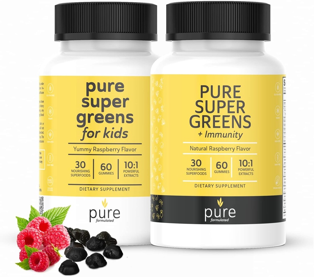 Super Greens Multivitamin Gummies for børn og voksne - immunforsvar og fordøjelsestilskud - Vitamin A, B, C, E, K - Vegansk Chewables med 30 superfødevarer (2 flasker, 60 greve hver)