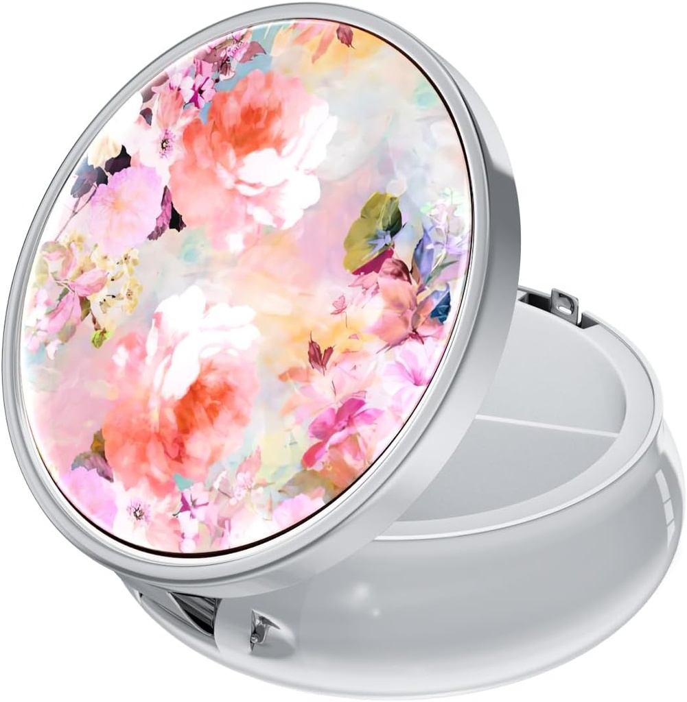 Rouidr Pill Box, 3 Segment Medicine Pill Case, Lille Metal Travel Medicine Box for pung & Pocket, Sølv, Vandfarve Flower