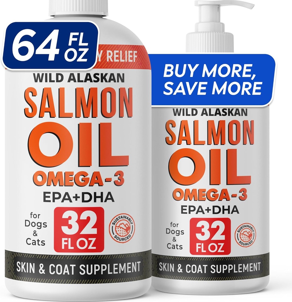 StrellaLab 64 OZ Salmon Oil for Dogs - Omega 3 for hunde & katte, Itch & Allergy Relief, Wild Alaska Salmon Oil Dogs Skin & Coat, Hund Fish Oil Liquid, Shedding Supplement EPA & DHA fedtsyrer - 2Paks