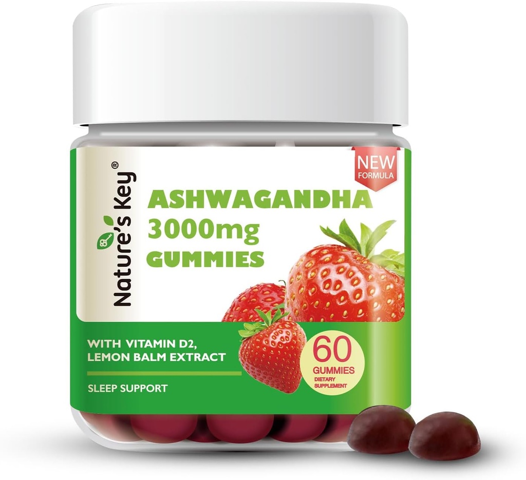 Nature 's Key Opgraderet 2.0 Ashwagandha Gummies, 3000mg Extra Potency Ashwagandha Supplement 124; med vitamin D2, Lemon Balm, & Black Pepper Budding for Stress Relief og god søvn (60 Greve, pakke med 1)