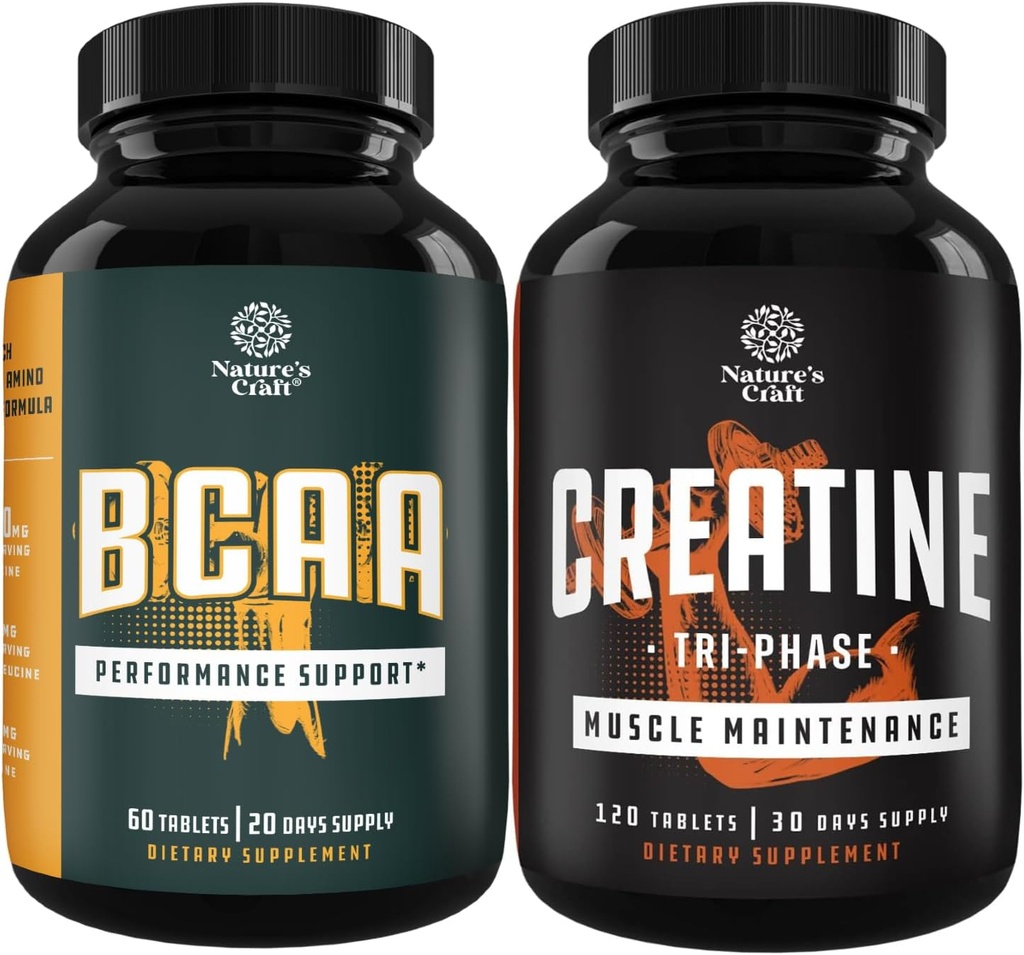 Bundle of Branch Chain Aminosyrer supplement og høj styrke Tri fase Creatinine Pills - Vegan BCAA Kapsler Post Workout Muscle Recovery and Growth Support - Muscle Mass Gainer og Muscle Recovery