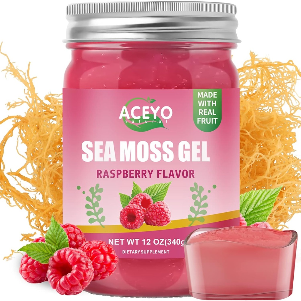 ACEYO (12 OZ) Irish Sea Moss Gel Organic Raw Vegan Raspberry Flavor 102 Vitamin og mineral Wild Harvested non-GMO immunforsvar Booster Thyroid fordøjelsesstøtte
