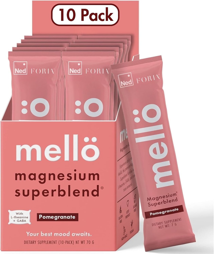 Mezzö Magnesium Supplement Superblend Powder - Magnesium Glycinat med L- Theanin, GABA og Trace Minerals - Understøtter søvn, afspænding og balanceret energi - Pomegranat Flavor, 10- Pack, Singles