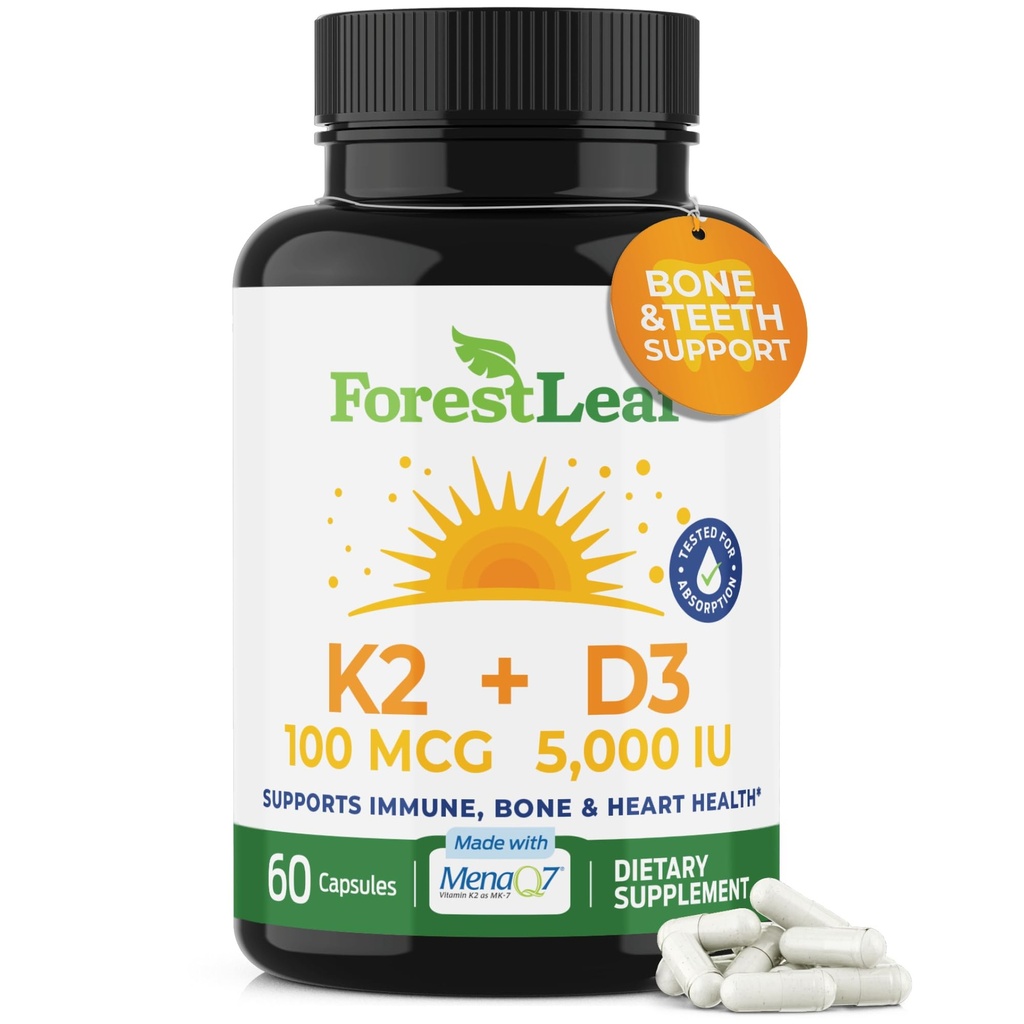 ForestLeaf vitamin D3 + K2 (MK7) Supplement - MenaQ7 - Calcium og vitamin D3 5000 IE Max Absorption - Tænder og ben Styrke, hjerte sundhed, immunsystem Support - 60 Veggie kapsler