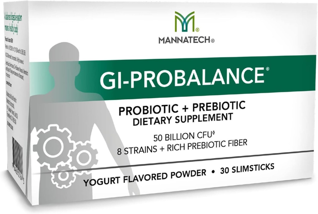 Mannatech Prebiotics and Probiotics, 30 Slimsticks, Yoghurt Flavor, GI- ProBalance w / MannaBiotic Blend, Pre and Probiotics Powder for Gut Health, w / 8 Stammer, Rich Prebiotic Fiber & 50 Millioner CFU