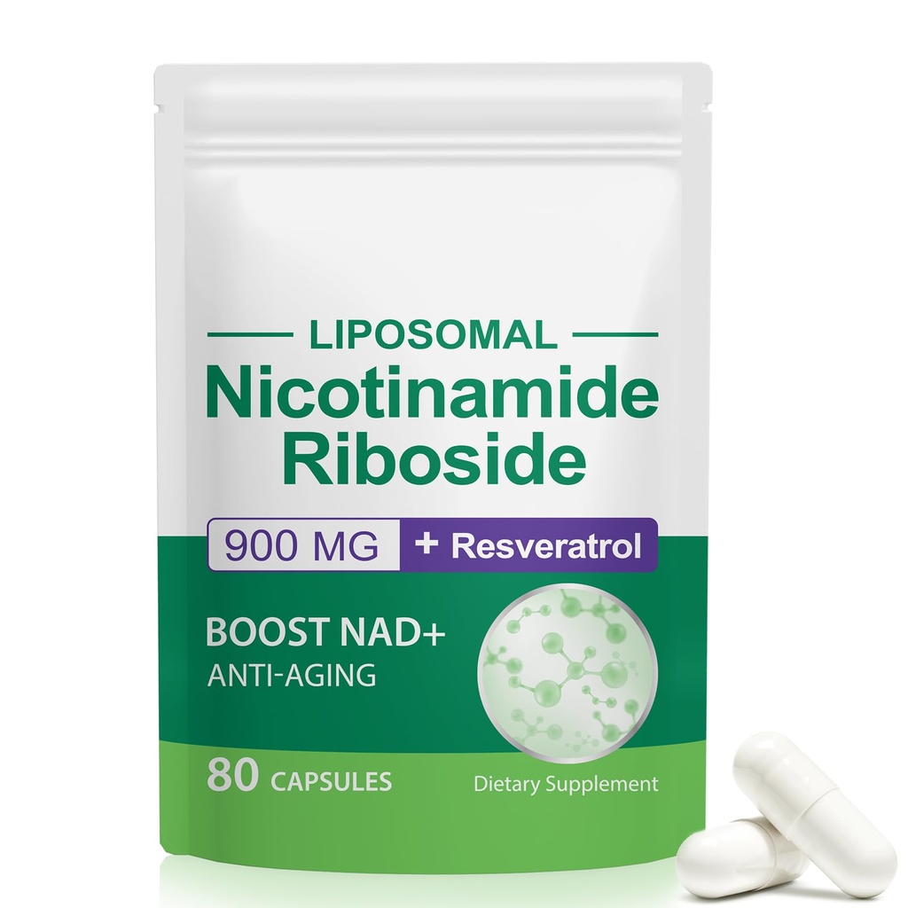 NAD Supplement, NAD + Nicotinamid Riboside Resveratrol 900mg, Kosttilskud til sund cellefunktion, NAD + Fuels Cellular Defense and Ctivates Anti- Aging Genes 80 Kapsler