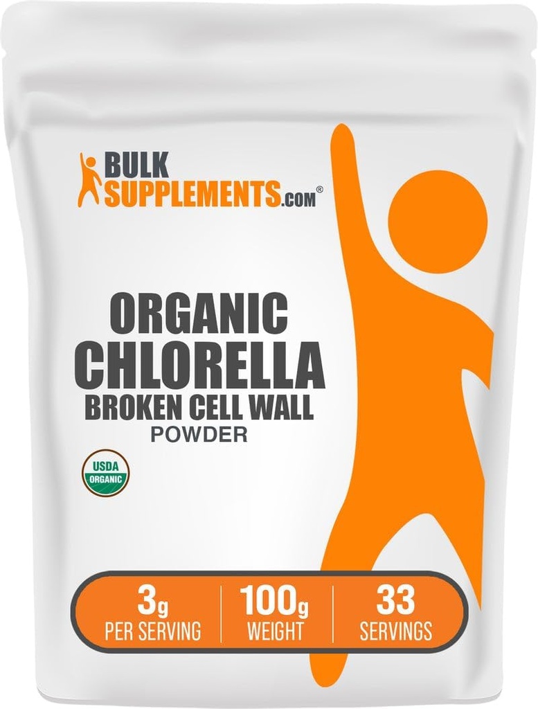 BulkSupplements.com Organic Chlorella Powder - Broken Cell Wall, Green Superfood Powder, Chlorella Supplement - Gluten Free, 3g per Serving, 100g (3,5 oz) (pakke med 1)
