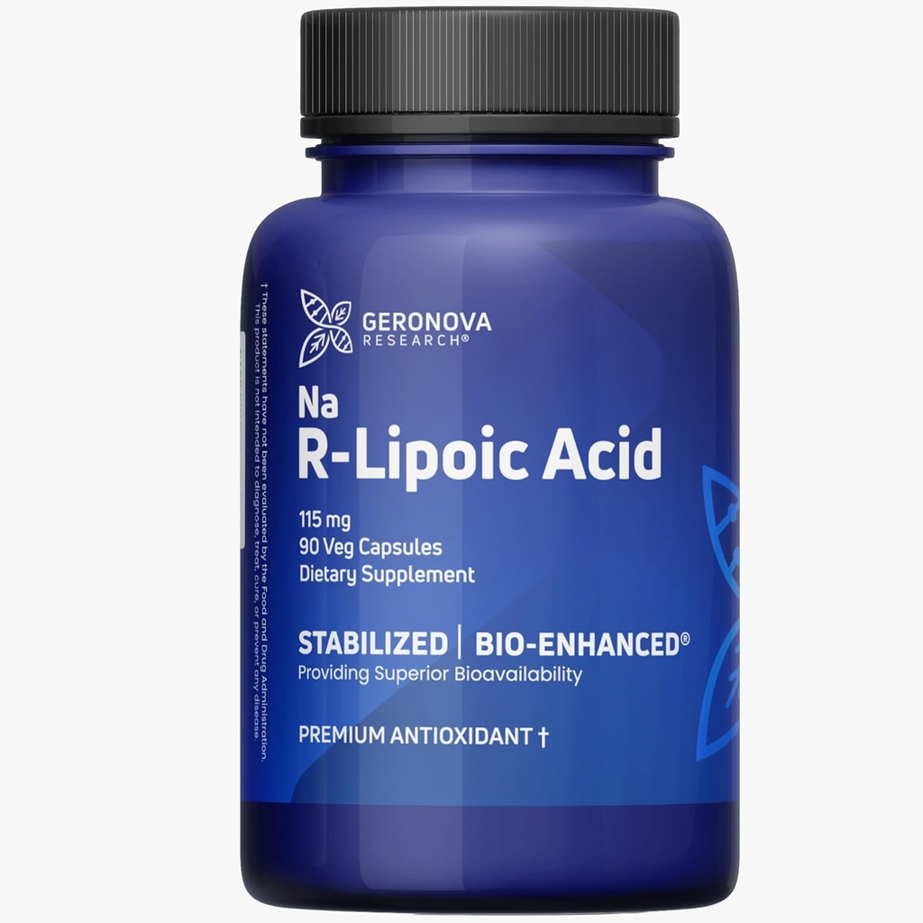 Geronova Research Bio- Enhanced R- Lipoic Acid, 115 mg kapsler - 3 måneders forsyning - Stabiliseret R Alpha Lipoic Acid med forbedret absorption - R Lipoic Acid Supplement - 90 Tæl