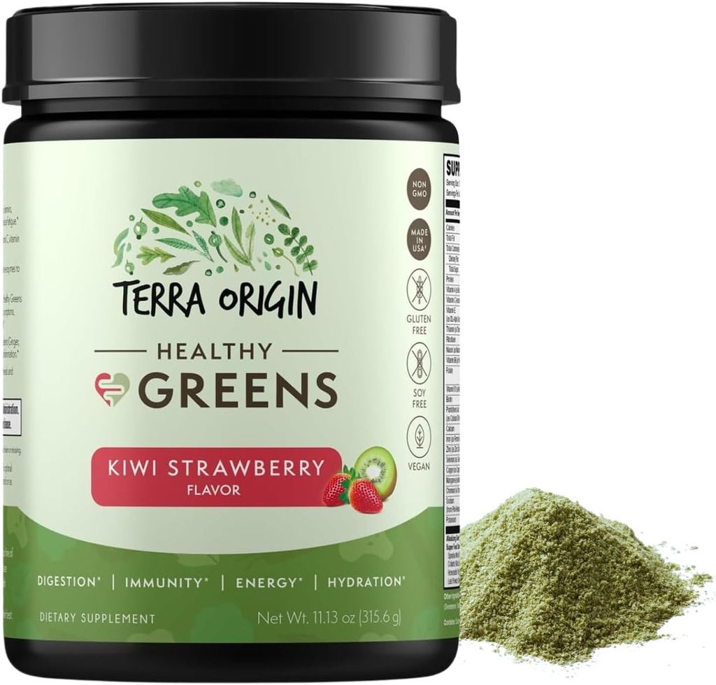 TERRA OPRININ Healthy Green Powder Blend Measures 124; Superfoods, Probiotika, Enzymes, Spirulina Measurement 124; for immun- og fordøjelsessygdomme Gut Health Support Measurement 124; Energy & Wellness Boost Measurement 124; 30 Servering (Kiwi Strawberry)