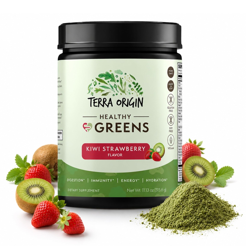 TERRA OPRININ Healthy Green Powder Blend Measures 124; Superfoods, Probiotika, Enzymes, Spirulina Measurement 124; for immun- og fordøjelsessygdomme Gut Health Support Measurement 124; Energy & Wellness Boost Measurement 124; 30 Servering (Kiwi Strawberry)