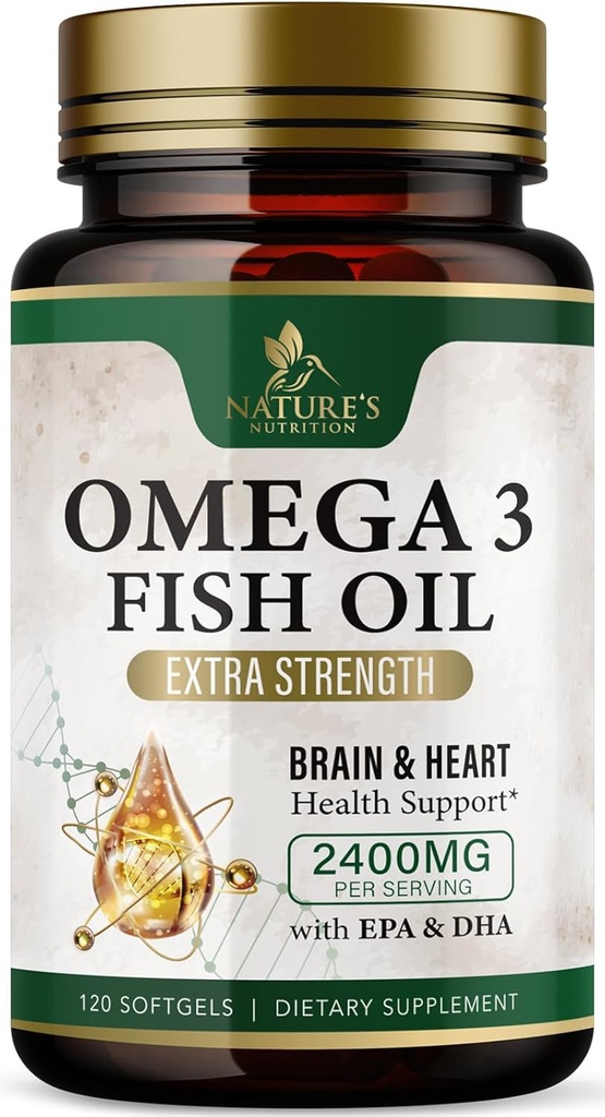 Omega 3 Fish Oil Supplements 2400 mg - Triple Strength Omega3 - EPA & DHA med essentielle fedtsyrer - Naturlig immun, hjerne og hjerte sundhedsstøtte - Burpless, Lemon Flavor, Wild fanget - 120 Softgels