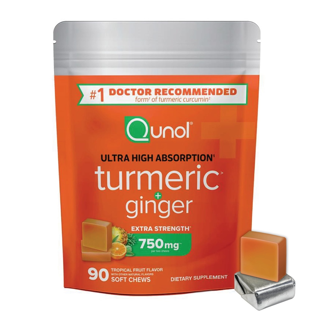 Qunol gurkemeje og ingefær bløde tygger, 750mg gurkemeje supplement, Ultra høj Absorption til støtte fælles sundhed, 90 Greve