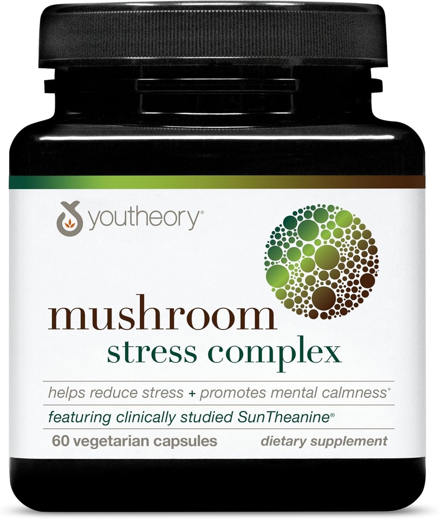 Youtory Mushroom Stress Complex, Organic Full- Spectrum Mushrrom med L- Theanine, Hjælp med at reducere stress og fremmer Mental Calmness, 60 vegetariske kapsler