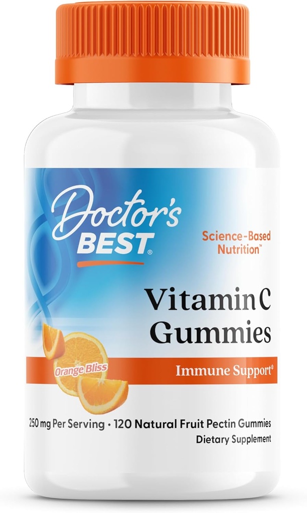 Doctor's Best, Vitamin C Gummies 250mg per Serving Great Tasting Immune Brain Eyes Heart Circulation Antioxidant Support Natural Pectin Vegan Gluten Free CT, Fruit, 120 Count