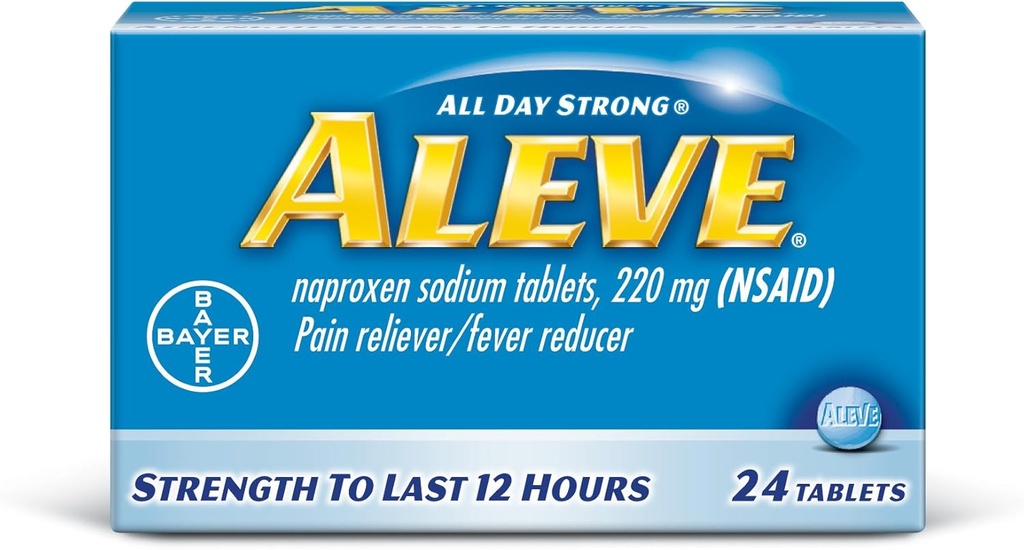 Aleve tabletter med Naproxen Natrium, 220mg (NSAID) Pain Reliever / Fever Reducer, 24 Greve, Blå