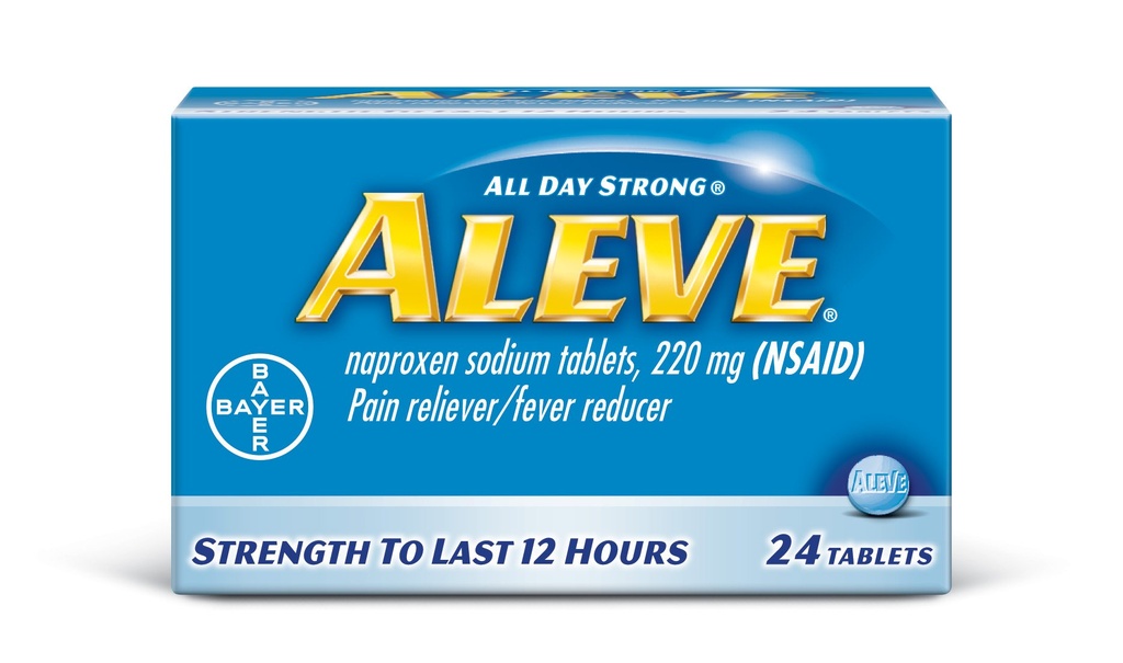 Aleve tabletter med Naproxen Natrium, 220mg (NSAID) Pain Reliever / Fever Reducer, 24 Greve, Blå