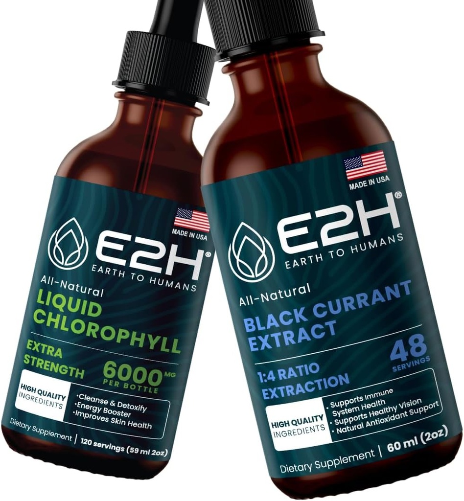 E2H: Flydende chlorophyll og naturlig sort Currant Uddrag 124; Vegan, ikke-GMO - 2 Fl Oz Hver (4 Fl Oz i alt) - Bundle