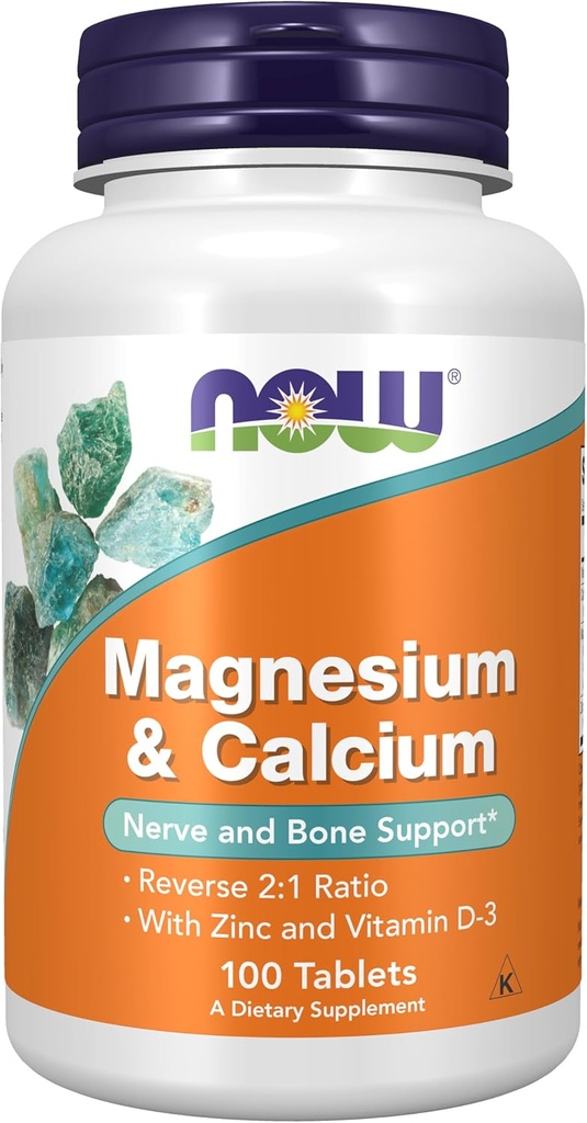 Now Supplements, Magnesium & Calcium, Med zink og vitamin D-3, Nerve og ben Support *, 100 tabletter