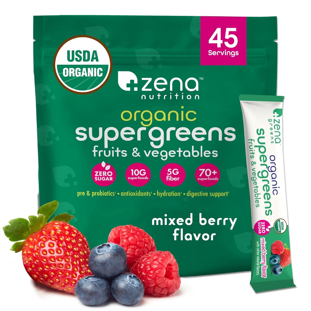 Zena Nutrition Organic Super Green Powder, 70 + Superfoods, 0 Sukker, 5G Fiber, Spirulina, Chlorella, Antioxidanter, Prebiotika / Probiotika, fordøjelsesenzymer, blandet berry, 45 Drink Mix Pakninger