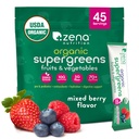 Zena Nutrition Organic Super Green Powder, 70 + Superfoods, 0 Sukker, 5G Fiber, Spirulina, Chlorella, Antioxidanter, Prebiotika / Probiotika, fordøjelsesenzymer, blandet berry, 45 Drink Mix Pakninger